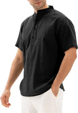 Muscularfit Short Sleeve Shirts for Men Casual Stylish Cotton Linen Shirt Summer Regular-Fit Solid Color Loose Fit T Shirt