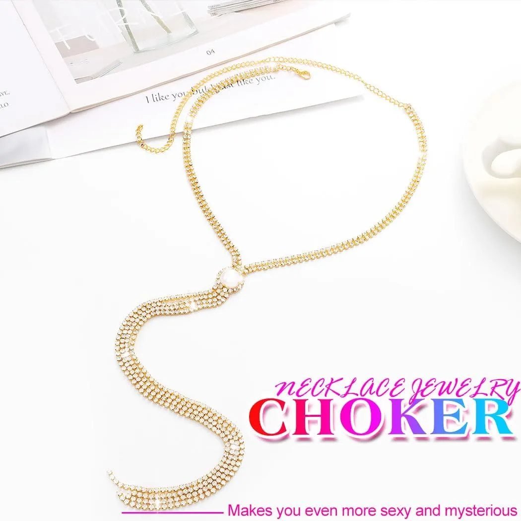 Nicute Rhinestone Y-Necklaces Crystal Long Choker Chain with Pearl Party Choker Necklaces Jewelry for Women