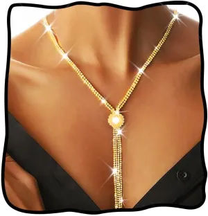 Nicute Rhinestone Y-Necklaces Crystal Long Choker Chain with Pearl Party Choker Necklaces Jewelry for Women