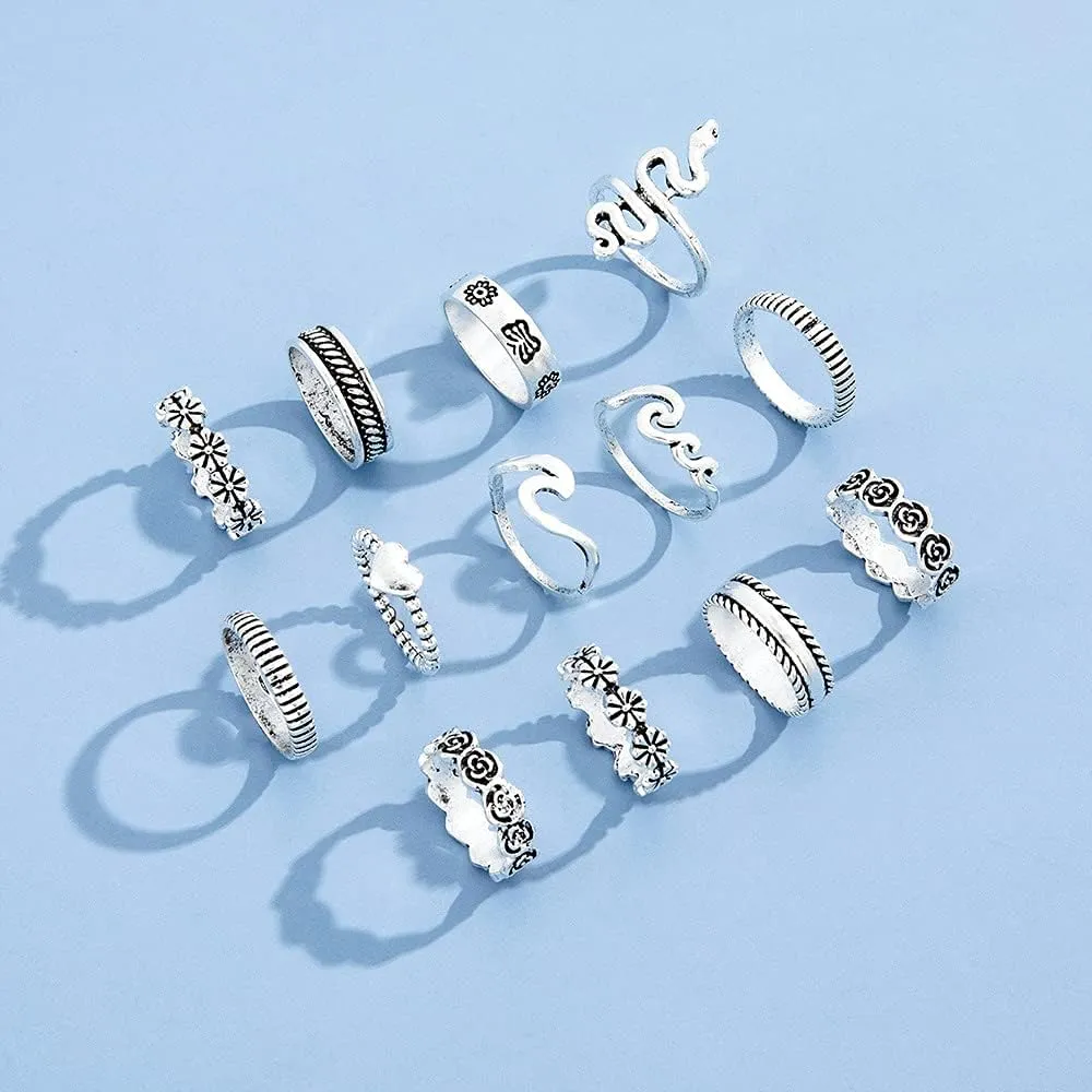 NIQIPOK Knuckle Stacking Ring Set Boho Hollow Flower Ring Snake Ring Geometric Ring Set Vintage Punk Finger Ring Set for Women Jewelry