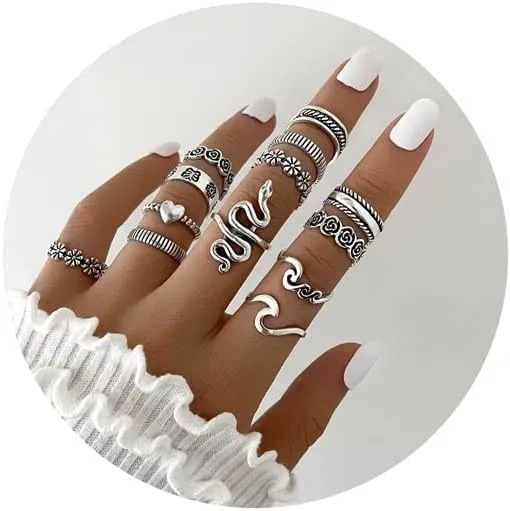 NIQIPOK Knuckle Stacking Ring Set Boho Hollow Flower Ring Snake Ring Geometric Ring Set Vintage Punk Finger Ring Set for Women Jewelry