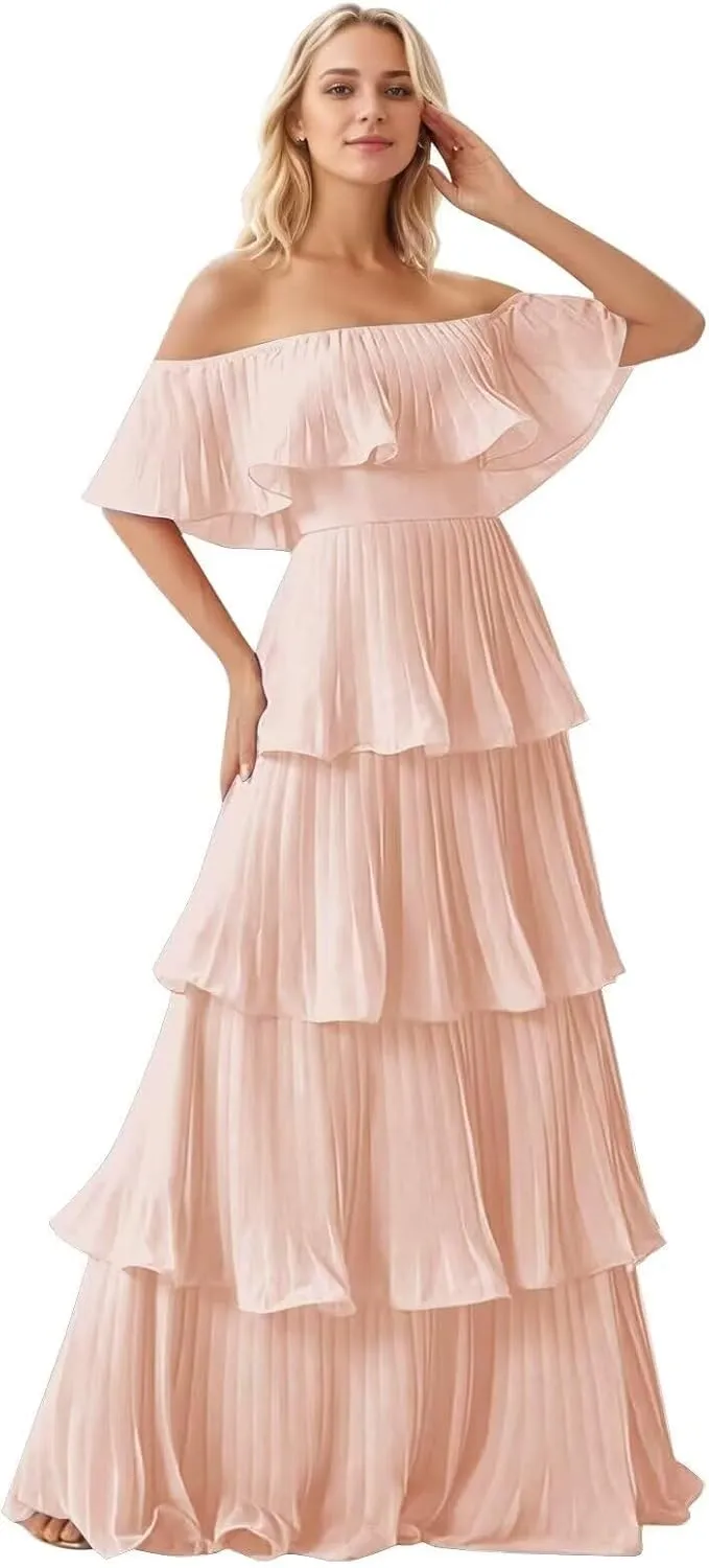 Off Shoulder Prom Dresses Long Ball Gown Chiffon Pleated Evening Dress for Women Elegant Classy