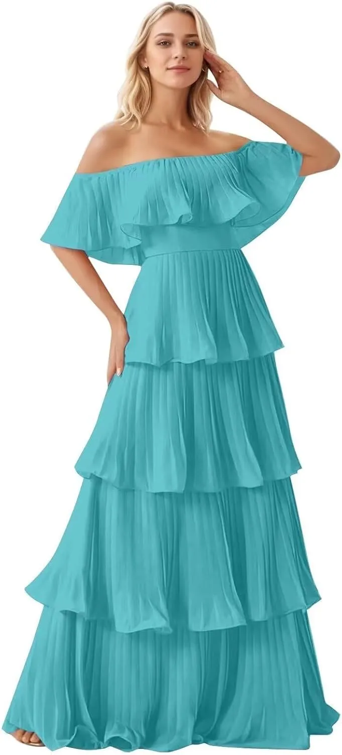 Off Shoulder Prom Dresses Long Ball Gown Chiffon Pleated Evening Dress for Women Elegant Classy