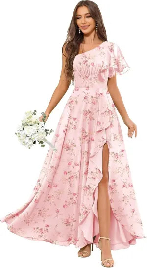 One Shoulder Bridesmaid Dresses with Sleeves Ruffle Chiffon Formal Dress for Women