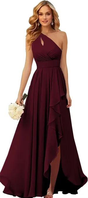 One Shoulder Chiffon Bridesmaid Dresses with Slit for Wedding Ruffle Prom Formal Dress