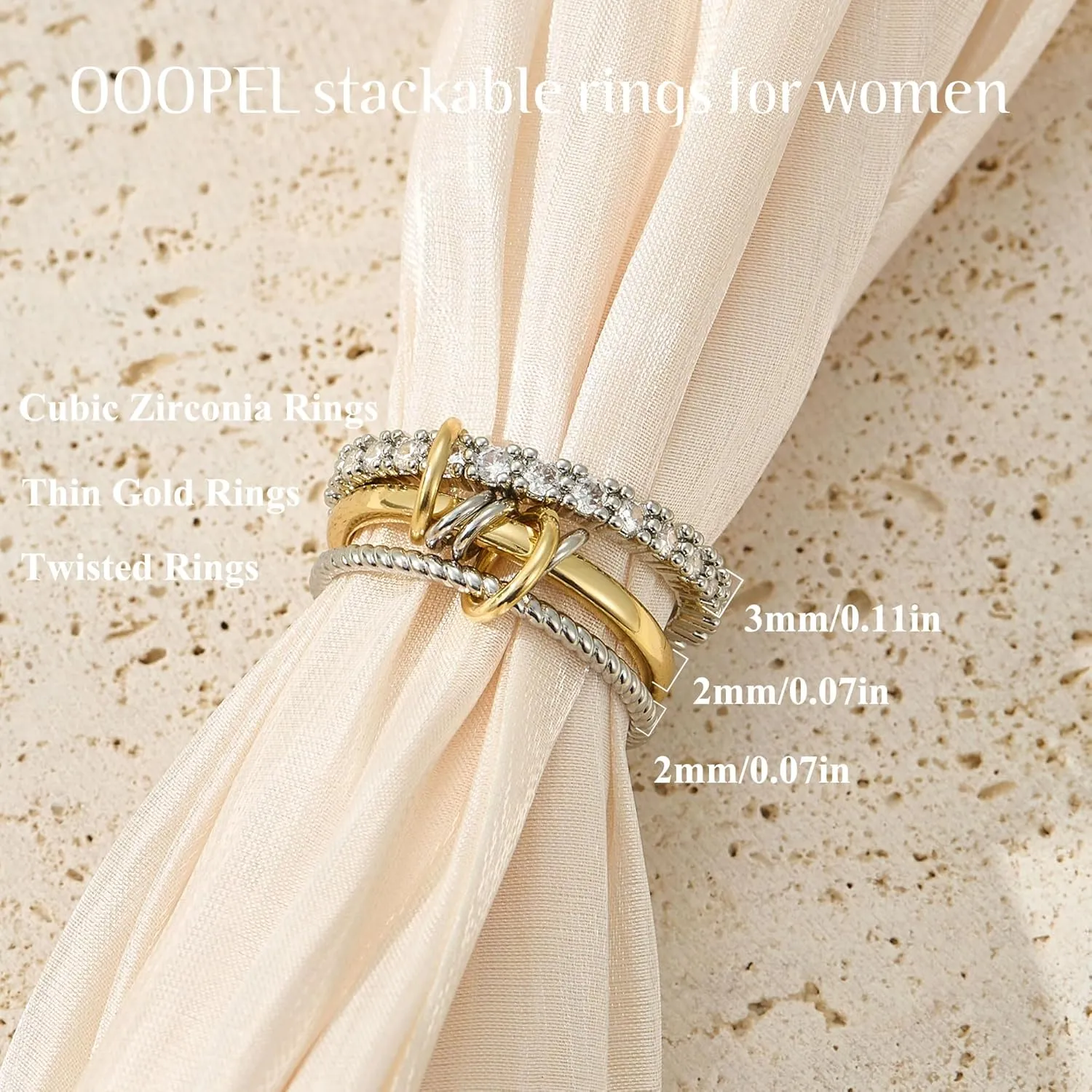 OOOPEL Gold Stackable Rings for Women Non Tarnish 14K Gold Plated Rings and 925 Sterling Silver Cubic Zirconia Ring Hypoallergenic Interlocking Mixed Metals Stacked Ring Set Size 6-10 Jewelry Gifts