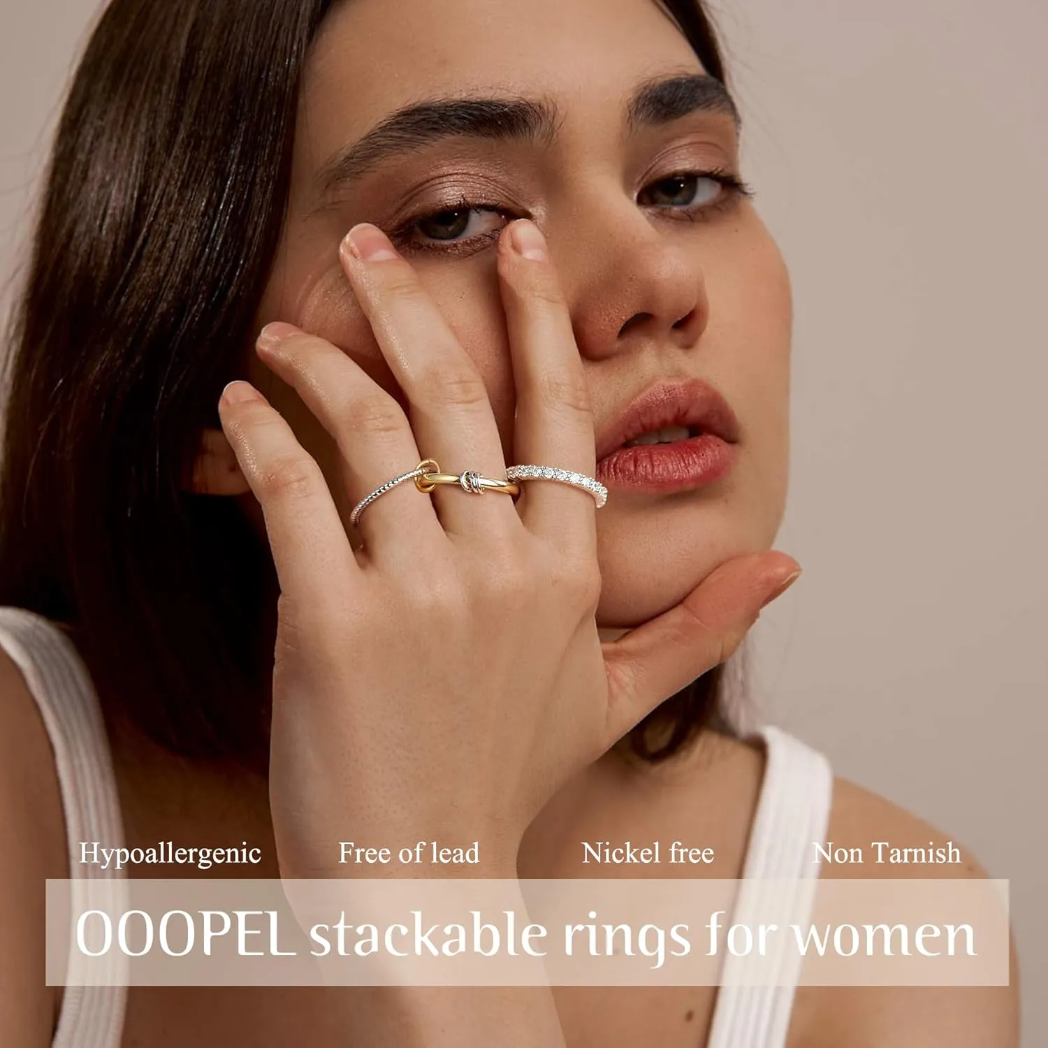 OOOPEL Gold Stackable Rings for Women Non Tarnish 14K Gold Plated Rings and 925 Sterling Silver Cubic Zirconia Ring Hypoallergenic Interlocking Mixed Metals Stacked Ring Set Size 6-10 Jewelry Gifts
