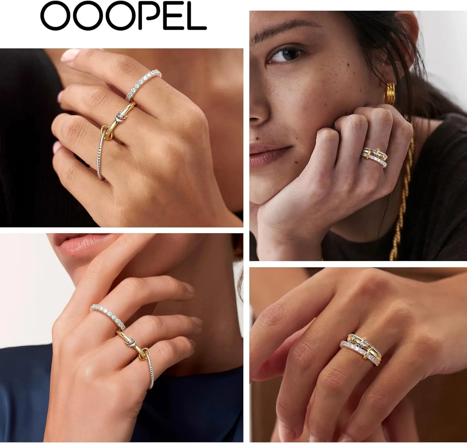 OOOPEL Gold Stackable Rings for Women Non Tarnish 14K Gold Plated Rings and 925 Sterling Silver Cubic Zirconia Ring Hypoallergenic Interlocking Mixed Metals Stacked Ring Set Size 6-10 Jewelry Gifts