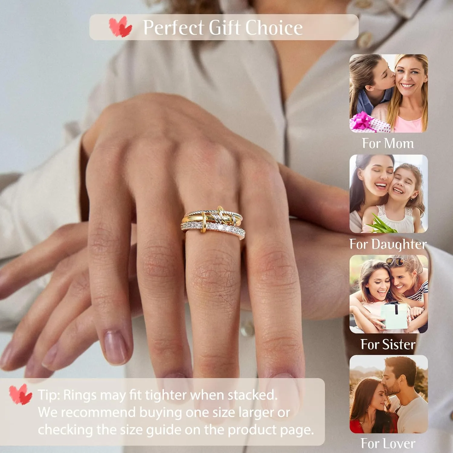 OOOPEL Gold Stackable Rings for Women Non Tarnish 14K Gold Plated Rings and 925 Sterling Silver Cubic Zirconia Ring Hypoallergenic Interlocking Mixed Metals Stacked Ring Set Size 6-10 Jewelry Gifts
