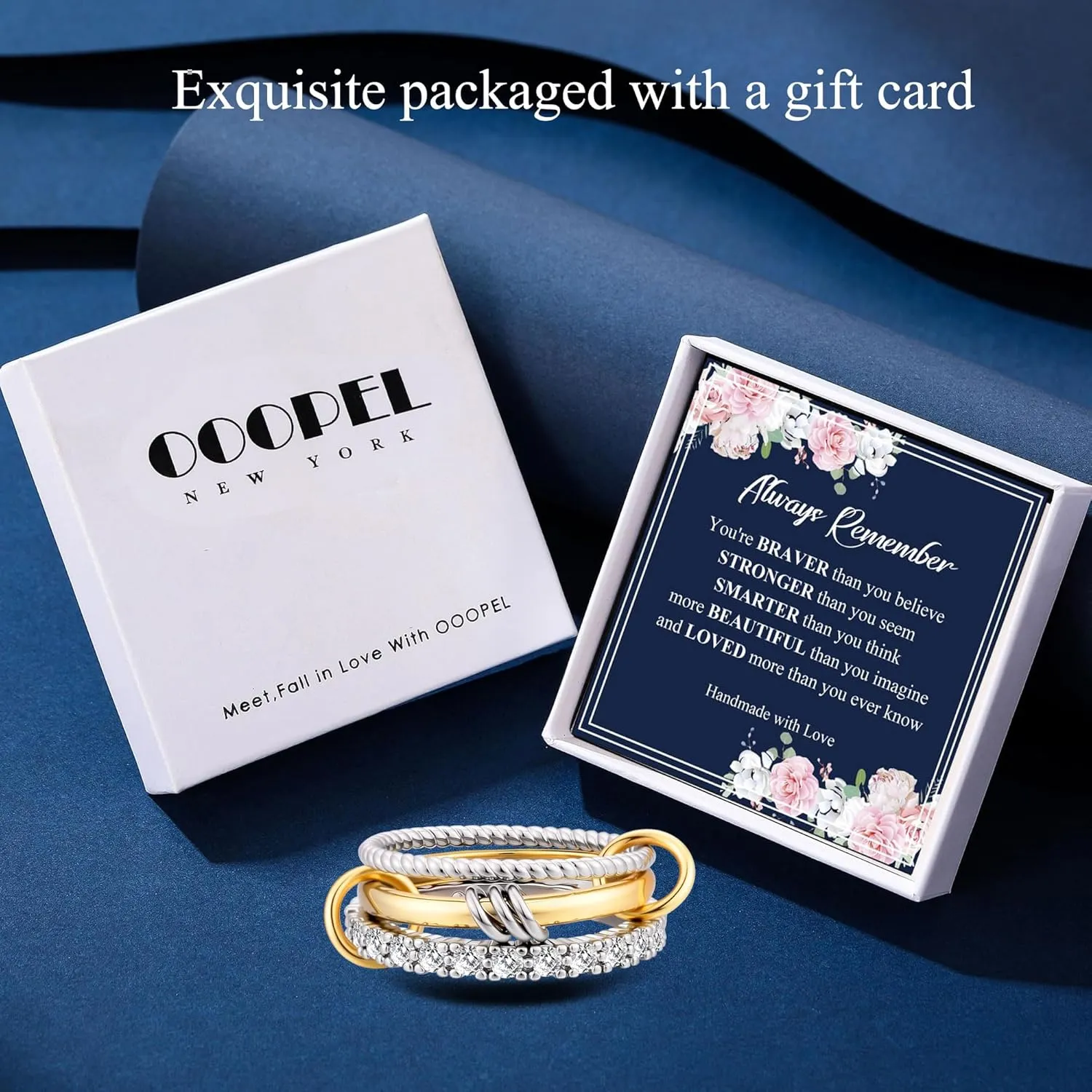 OOOPEL Gold Stackable Rings for Women Non Tarnish 14K Gold Plated Rings and 925 Sterling Silver Cubic Zirconia Ring Hypoallergenic Interlocking Mixed Metals Stacked Ring Set Size 6-10 Jewelry Gifts
