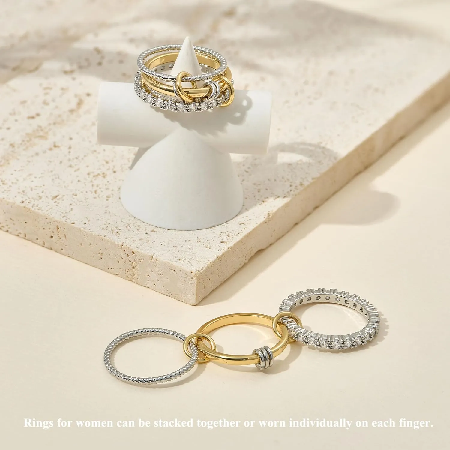 OOOPEL Gold Stackable Rings for Women Non Tarnish 14K Gold Plated Rings and 925 Sterling Silver Cubic Zirconia Ring Hypoallergenic Interlocking Mixed Metals Stacked Ring Set Size 6-10 Jewelry Gifts