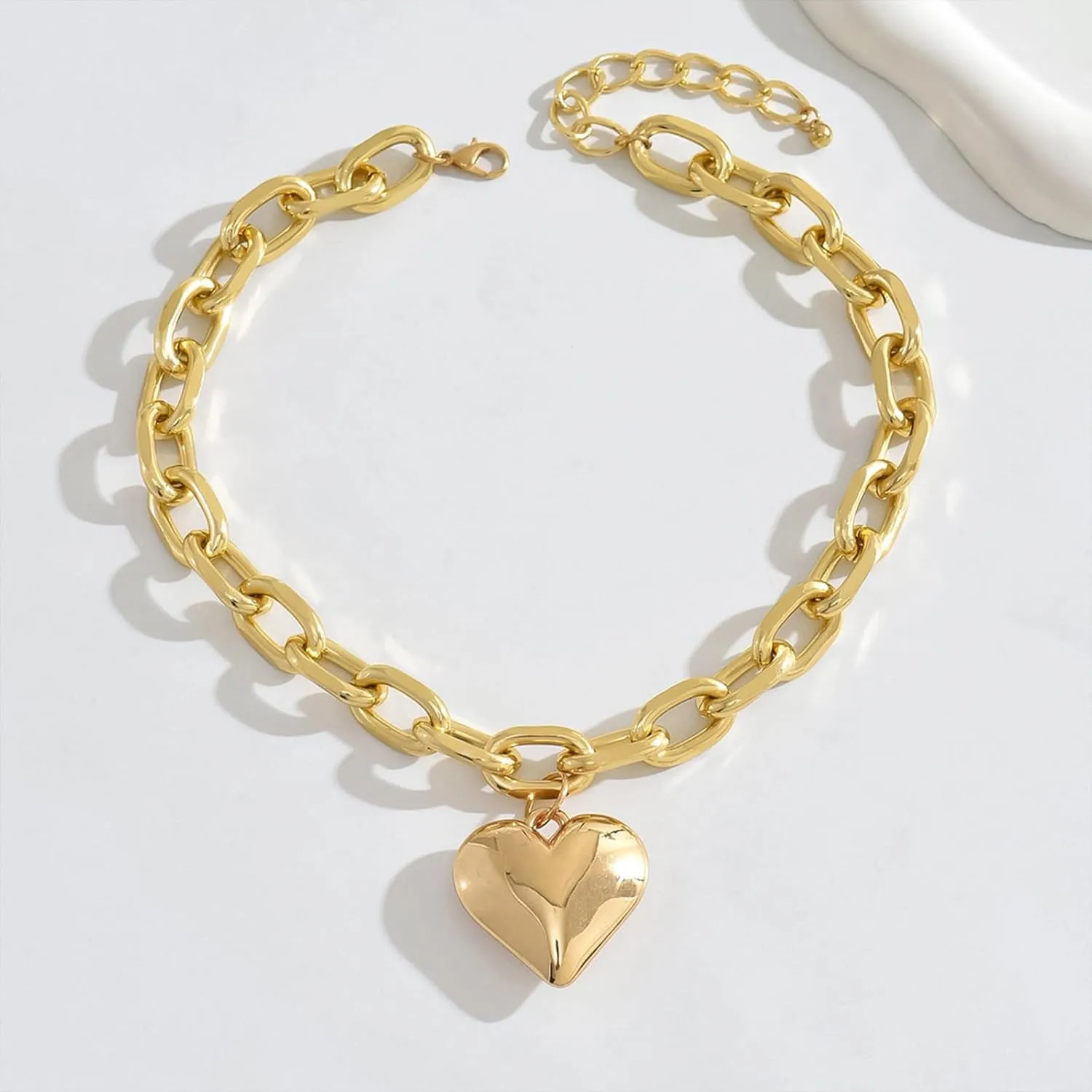 Otxas Chunky Heart Necklace Gold Statement Necklace for Women Big Puffy Heart Necklaces Chunky Chain Jewelry