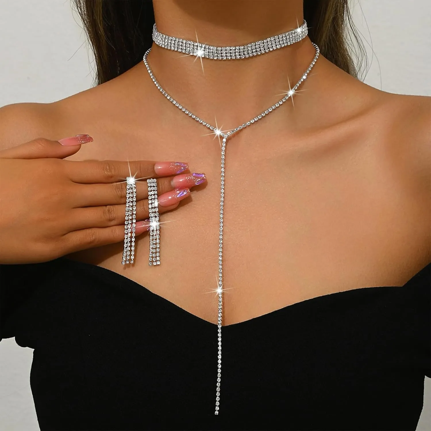 Otxas Tennis Necklaces for Women Dainty Diamond Choker Necklace for Women Sparking Cubic Zirconia Tennis Chain Necklaces Silver Choker Necklaces Wedding Jewelry Sets for Brides