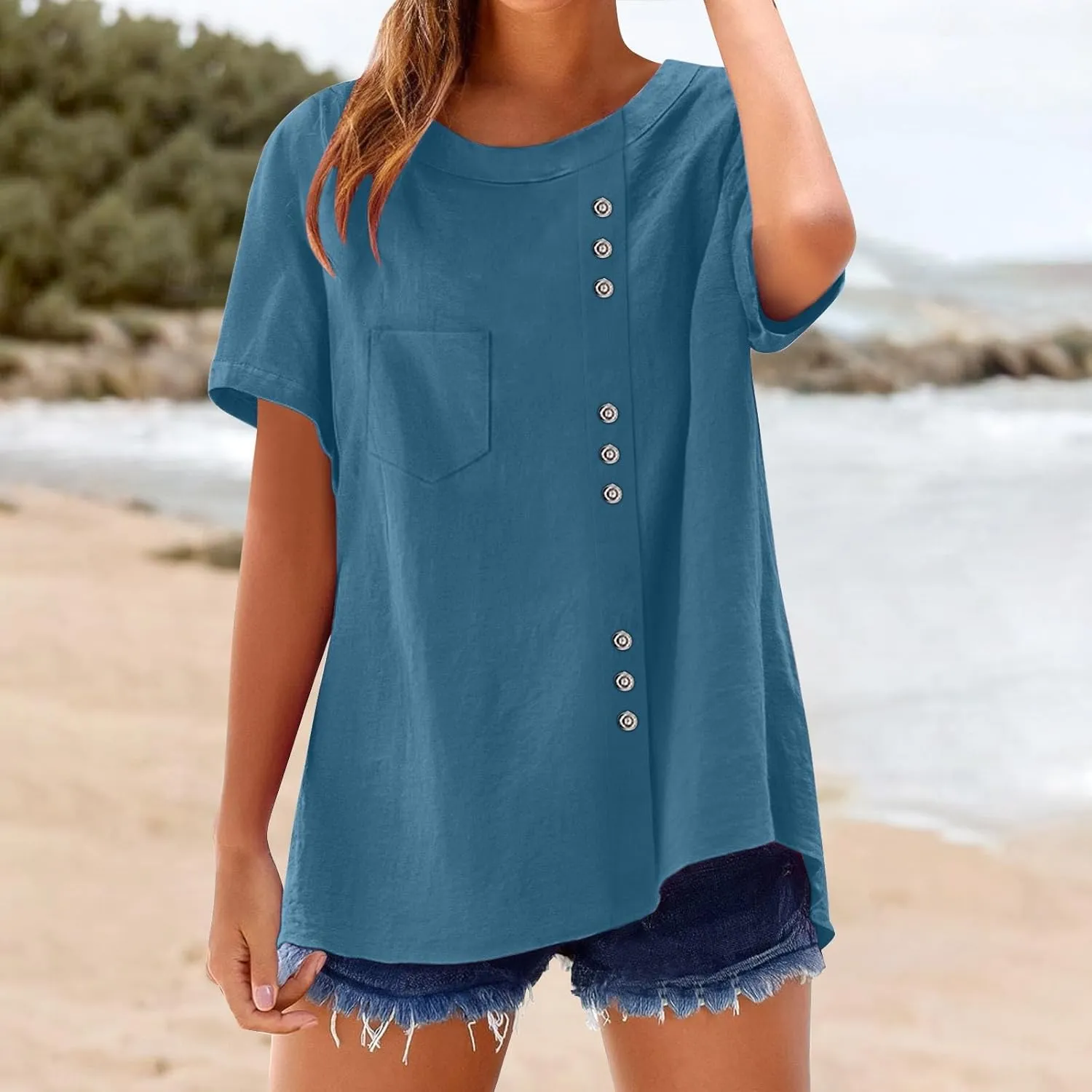 Oversized Crew Neck Linen Tops for Women Short Sleeve Cotton Linen Tee Shirts Workout Buttons Tshirt with Pocket