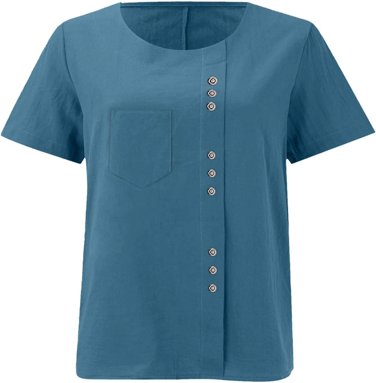 Oversized Crew Neck Linen Tops for Women Short Sleeve Cotton Linen Tee Shirts Workout Buttons Tshirt with Pocket