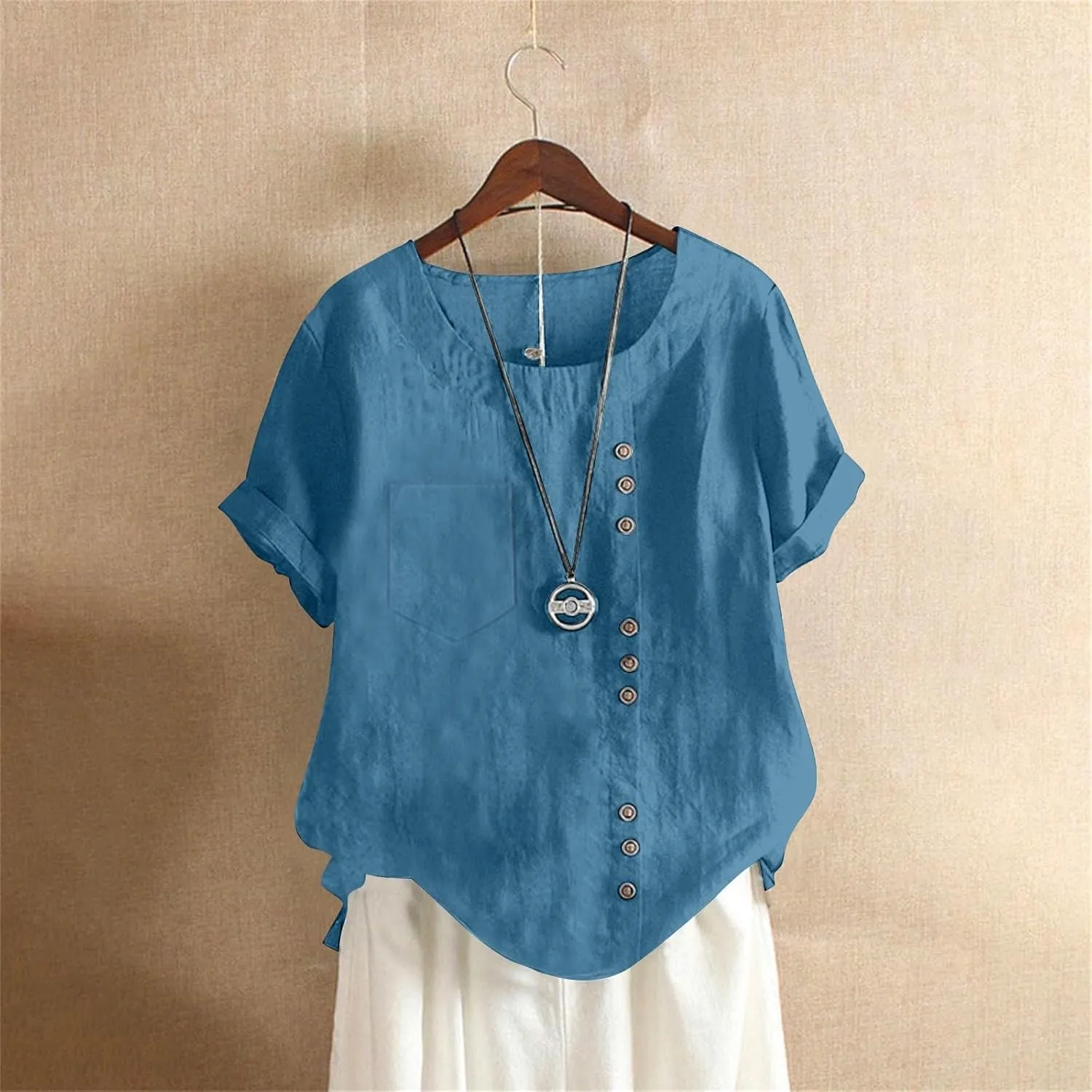 Oversized Crew Neck Linen Tops for Women Short Sleeve Cotton Linen Tee Shirts Workout Buttons Tshirt with Pocket