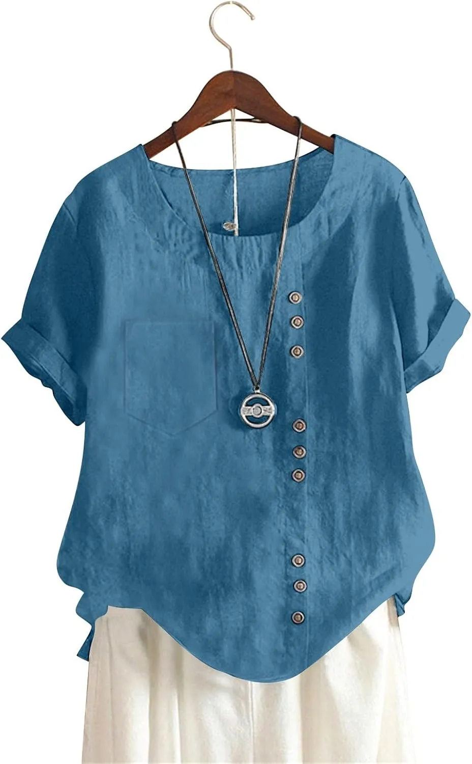 Oversized Crew Neck Linen Tops for Women Short Sleeve Cotton Linen Tee Shirts Workout Buttons Tshirt with Pocket