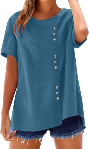 Oversized Crew Neck Linen Tops for Women Short Sleeve Cotton Linen Tee Shirts Workout Buttons Tshirt with Pocket