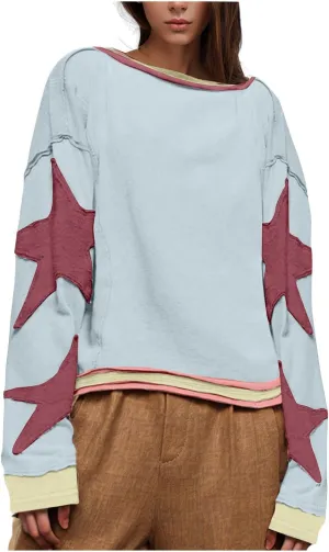 Oversized Long Sleeve Crewneck Star Sweatshirts for Women Trendy 2024 Fall Pullovers Drop Shoulder Vintage Tops