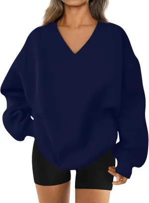 Oversized Sweatshirt For Women Plus Size V Neck Long Sleeve Drop Shoulder Pullover Hoodies Trendy Winter Clothes