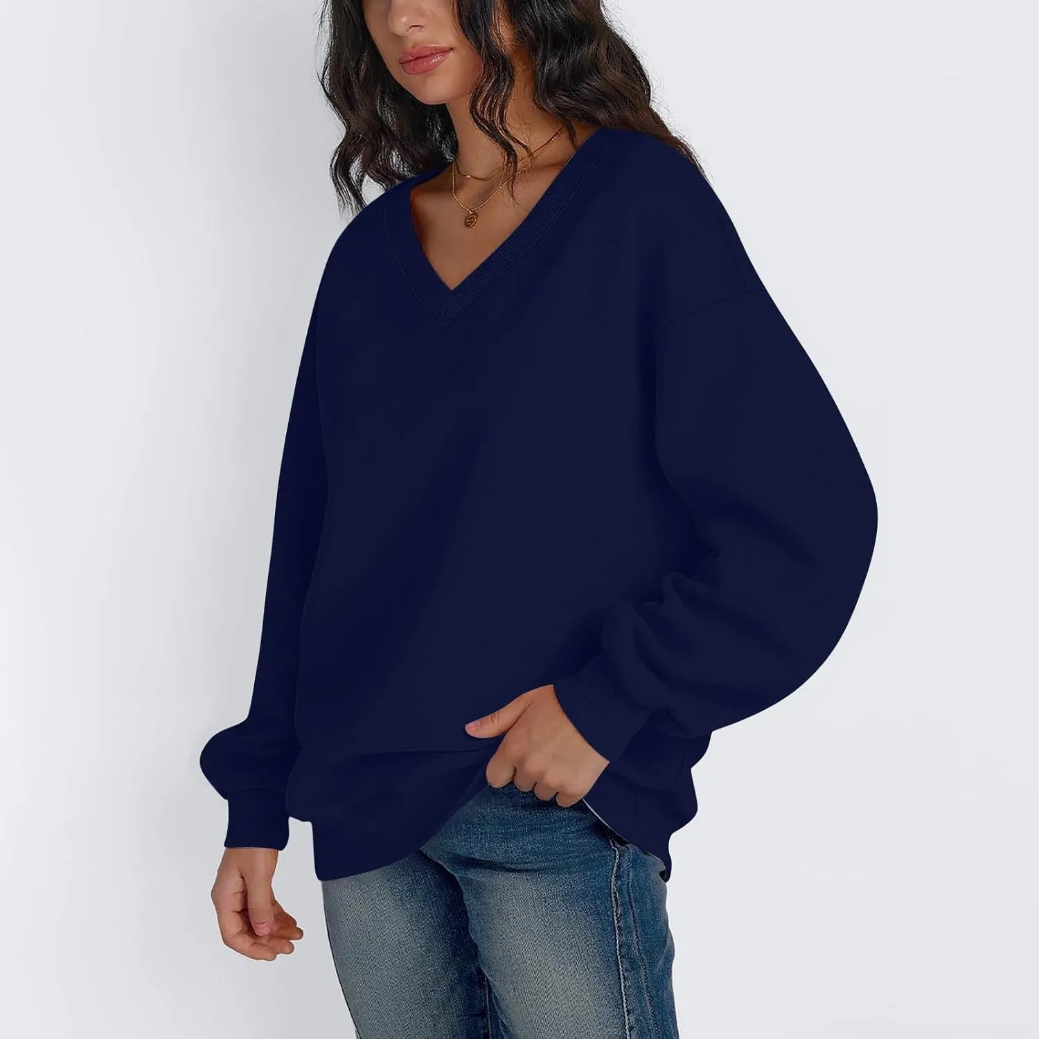 Oversized Sweatshirt For Women Plus Size V Neck Long Sleeve Drop Shoulder Pullover Hoodies Trendy Winter Clothes