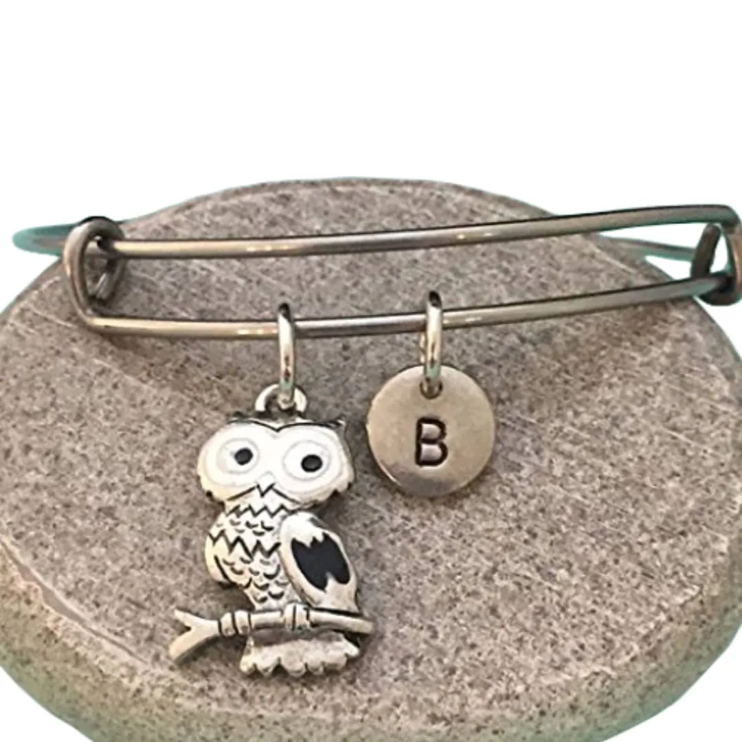 Owl bangle, owl charm bracelet, expandable bangle, charm bangle, personalized bracelet, initial bracelet, monogram