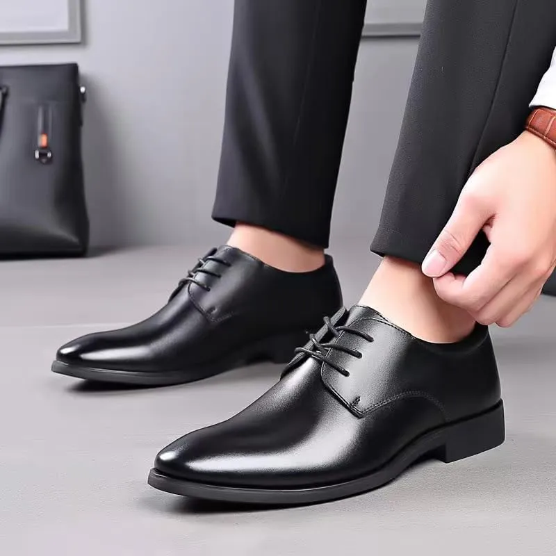 Oxford Dress Shoes for Men Lace Up Round Toe Solid Color Vegan Leather Derby Shoes Rubber Sole Block Heel Anti-slip Business