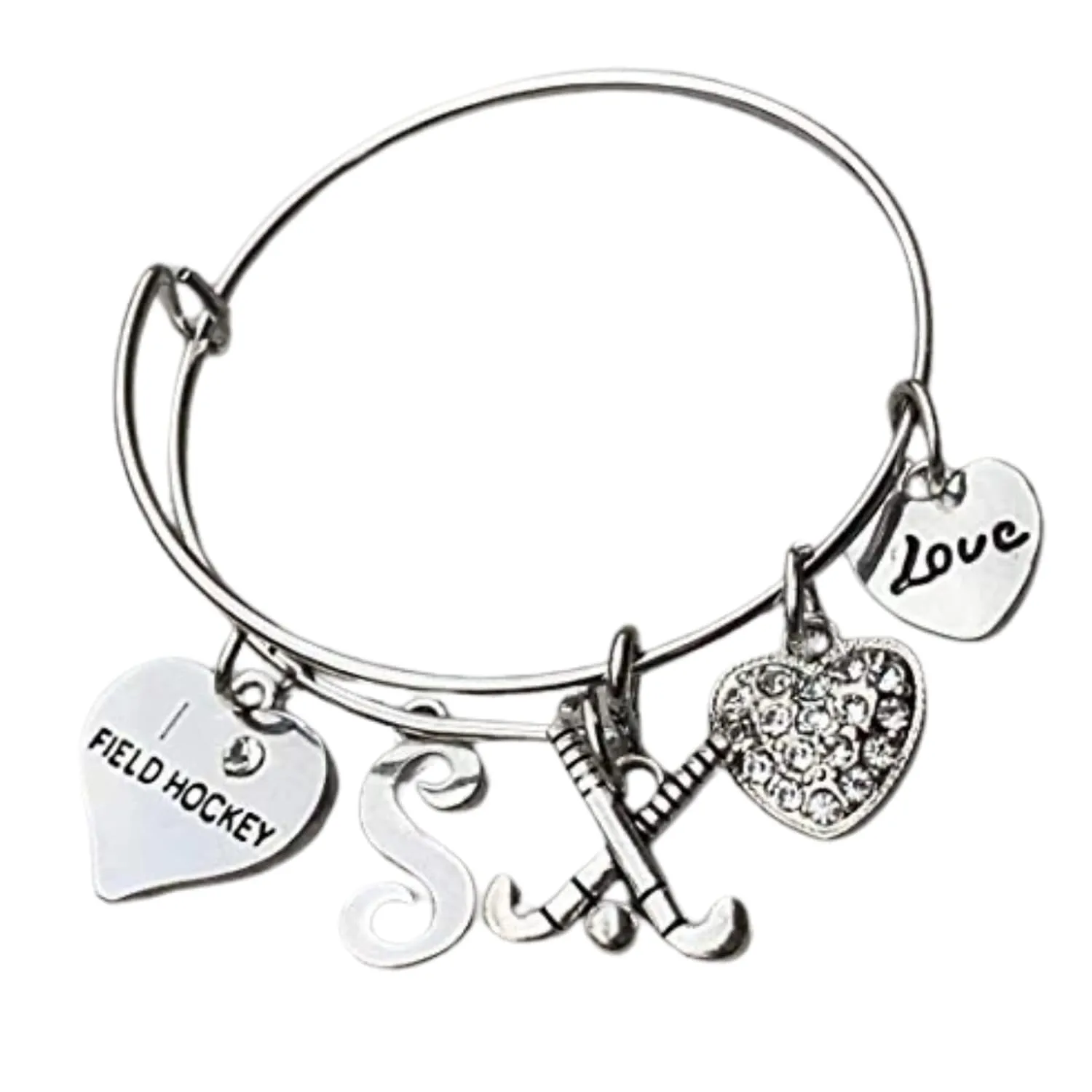 Personalized Field Hockey Charm Bangle Bracelet with Letter Charm, Field Hockey Jewelry, Gift for Field Hockey Playersld Hockey Players