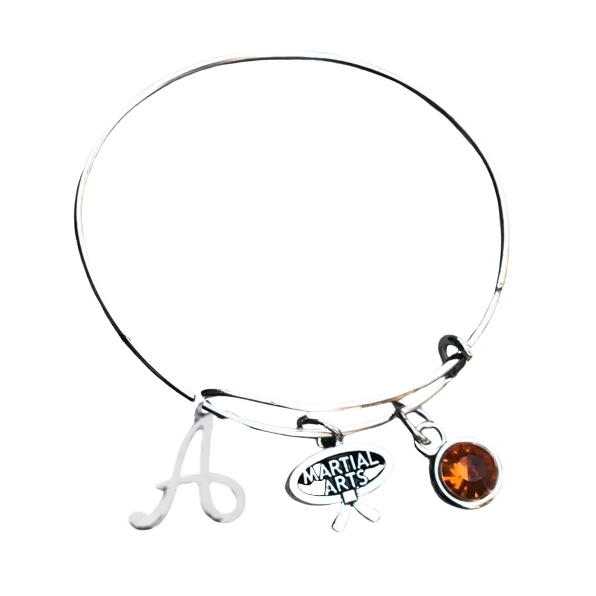 Personalized Martial Arts Charm Bangle Bracelet with Belt Color and Letter Charm, Gift for Women, Teens, and Girls