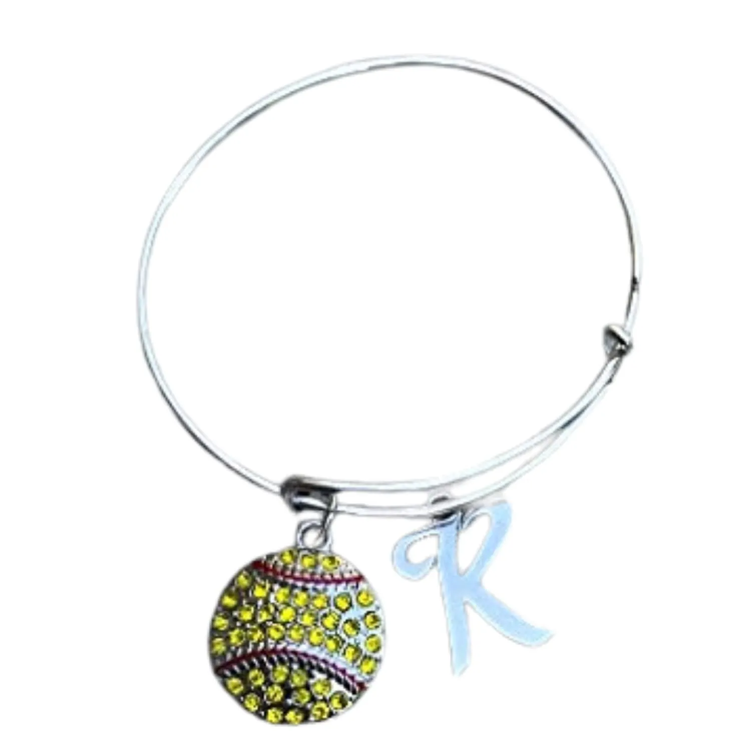 Personalized Softball Bangle Bracelet with Initial Charm, Softball Jewelry, Custom Softball Charm Bracelet- Gifts for Softball Players