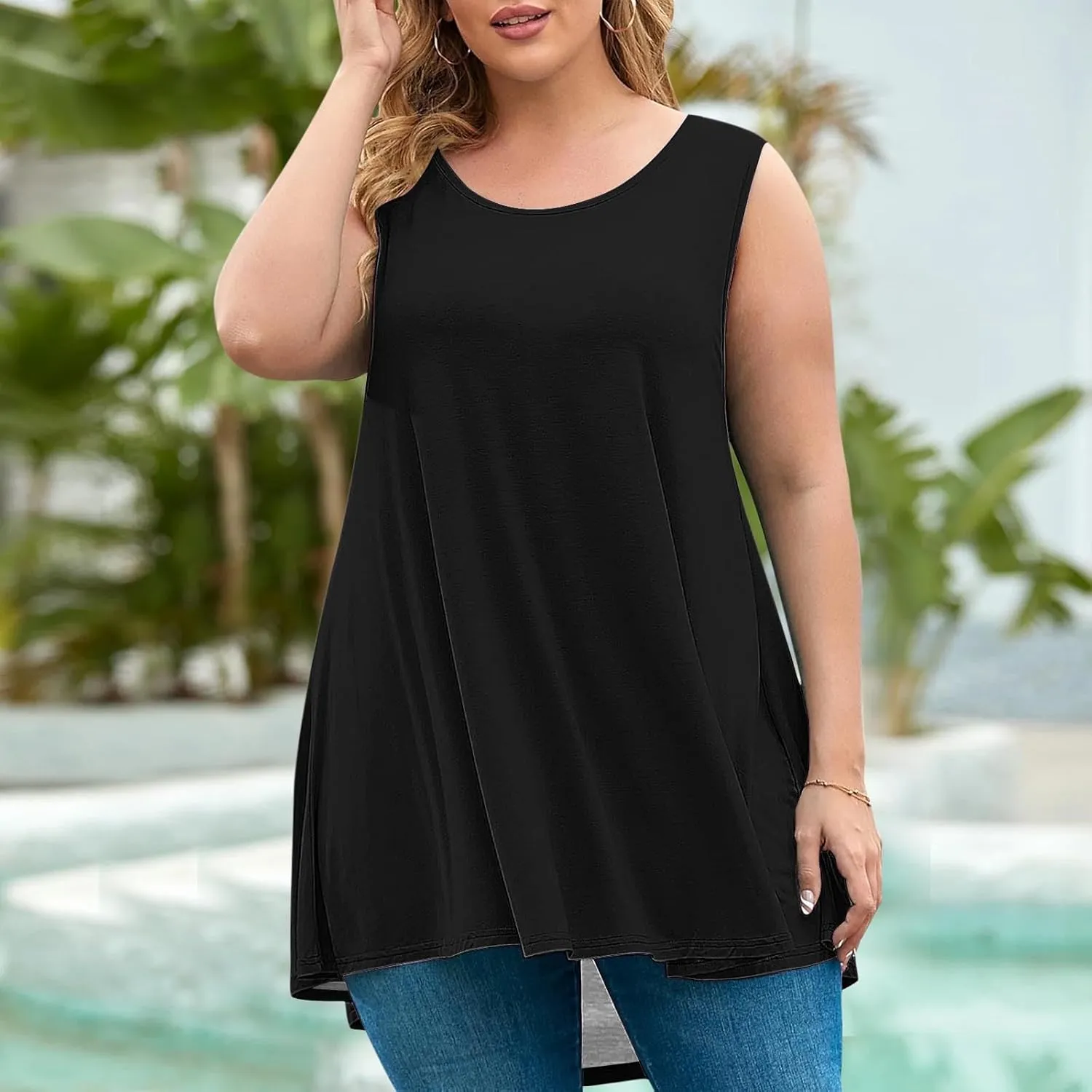 Plus Size Tank Tops for Women Sleeveless Crew Neck Summer Casual Loose Tee Shirts Lightweight Flowy Pleated Blouses