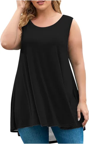 Plus Size Tank Tops for Women Sleeveless Crew Neck Summer Casual Loose Tee Shirts Lightweight Flowy Pleated Blouses