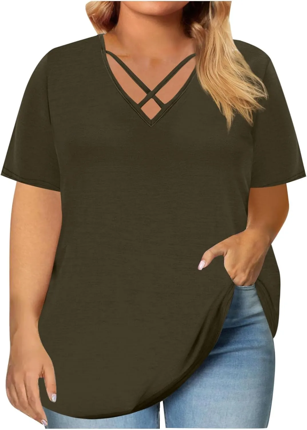 Plus Size Tops for Women Summer Short Sleeve Sexy V Neck Criss Cross T-Shirt Casual Loose Tunic Shirts Soft Solid Tee