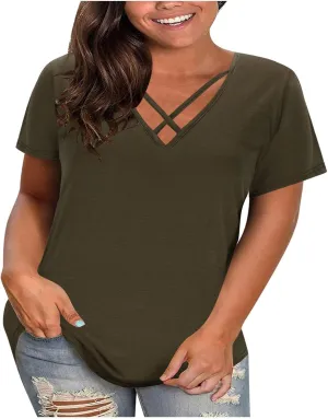 Plus Size Tops for Women Summer Short Sleeve Sexy V Neck Criss Cross T-Shirt Casual Loose Tunic Shirts Soft Solid Tee