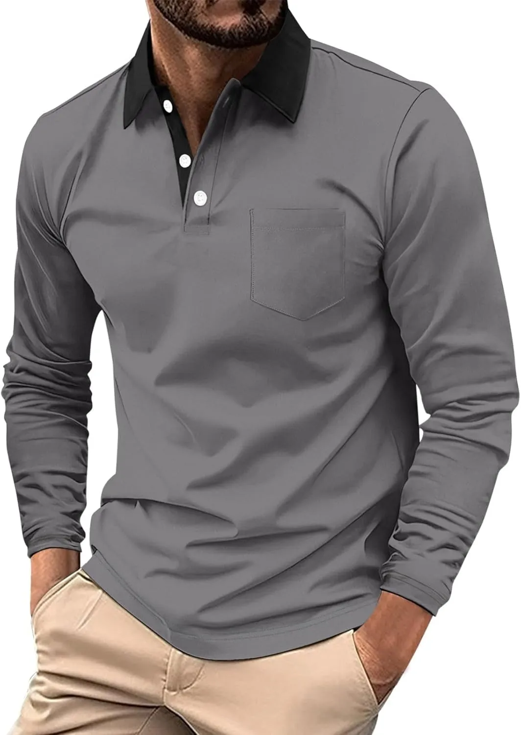Polo Long Sleeve Shirts for Men Casual Half Zip Golf Shirts Fashion Color Block Basic Tops with Pocket Big and Tall