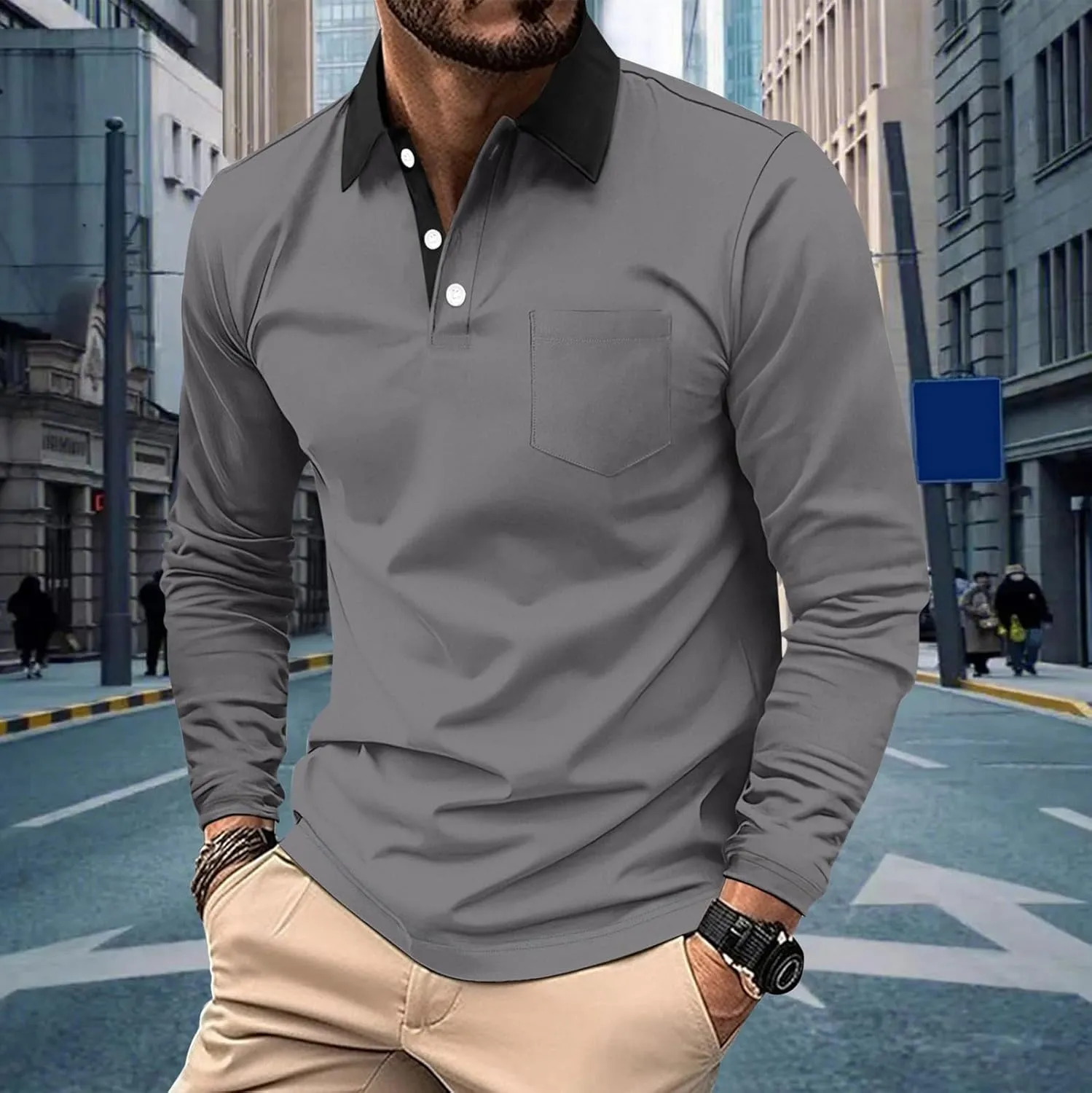 Polo Long Sleeve Shirts for Men Casual Half Zip Golf Shirts Fashion Color Block Basic Tops with Pocket Big and Tall