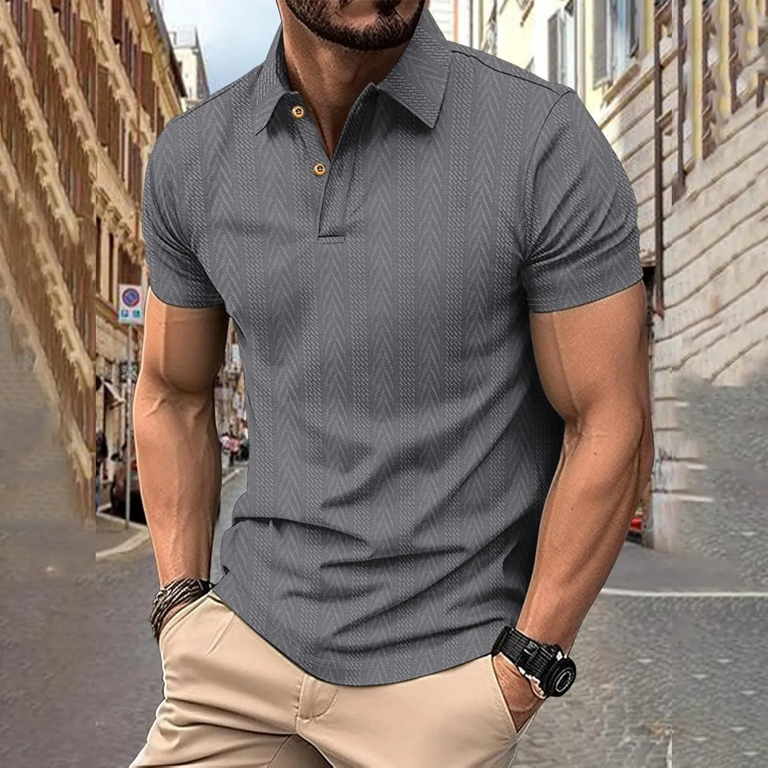 Polo Shirts for Men Short Sleeve Casual Summer Loose Fit Shirt Big and Tall Button Up Muscle Collared Fashion Beach T-Shirt