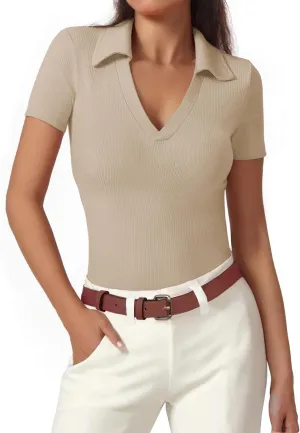 Polo Shirts for Women, Short Sleeve Business Casual Tops, V Neck Polo Collared Work Shirts, Ribbed Fitted Shirts