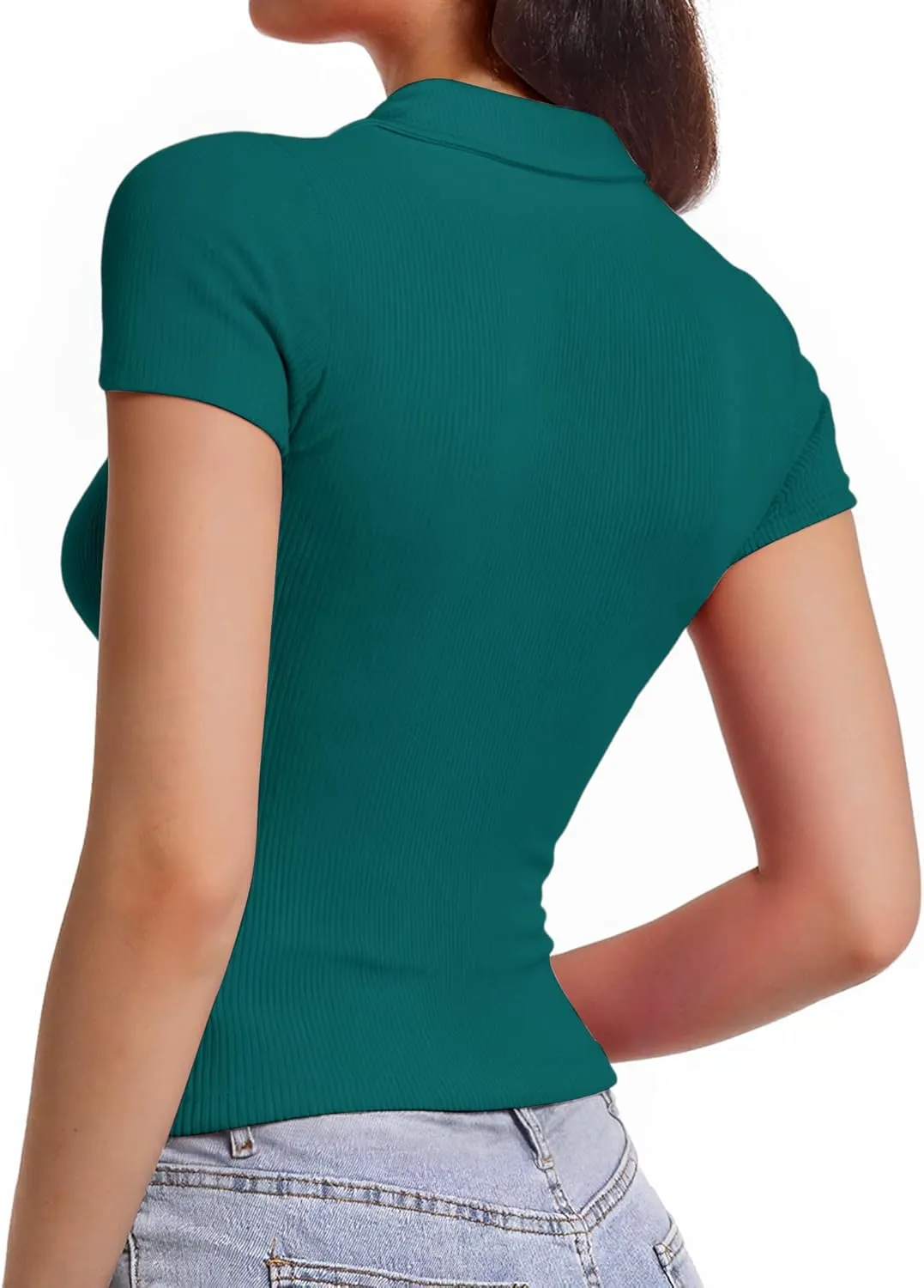 Polo Shirts for Women, Short Sleeve Business Casual Tops, V Neck Polo Collared Work Shirts, Ribbed Fitted Shirts