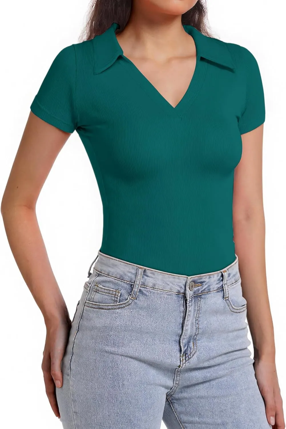 Polo Shirts for Women, Short Sleeve Business Casual Tops, V Neck Polo Collared Work Shirts, Ribbed Fitted Shirts