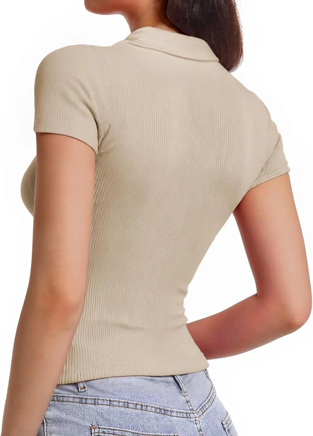 Polo Shirts for Women, Short Sleeve Business Casual Tops, V Neck Polo Collared Work Shirts, Ribbed Fitted Shirts