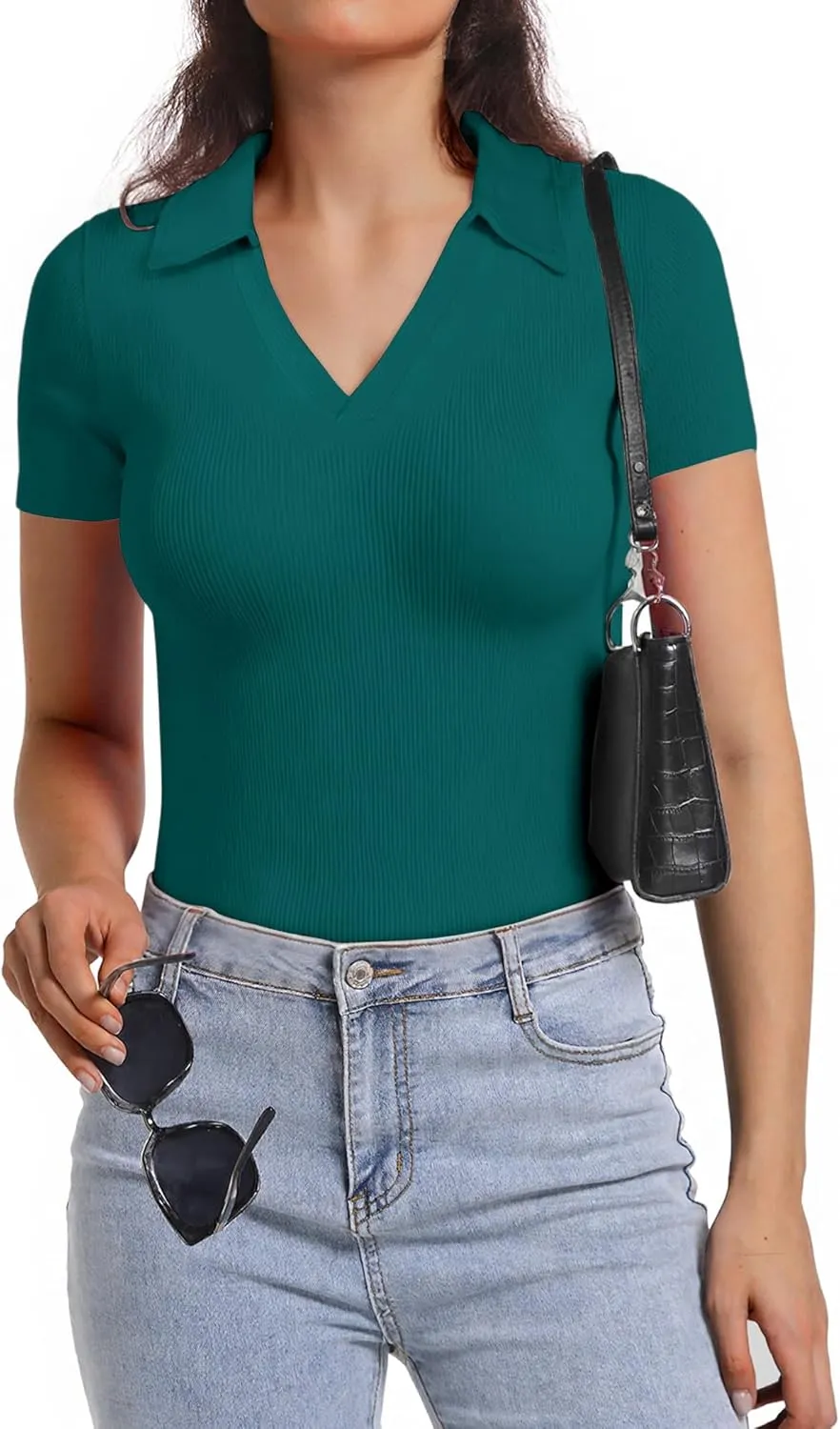 Polo Shirts for Women, Short Sleeve Business Casual Tops, V Neck Polo Collared Work Shirts, Ribbed Fitted Shirts