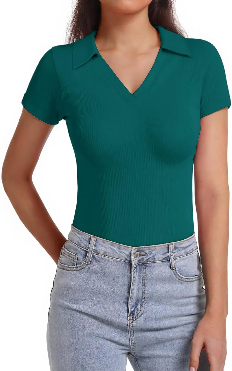 Polo Shirts for Women, Short Sleeve Business Casual Tops, V Neck Polo Collared Work Shirts, Ribbed Fitted Shirts