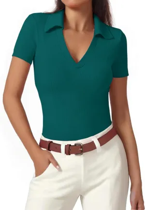 Polo Shirts for Women, Short Sleeve Business Casual Tops, V Neck Polo Collared Work Shirts, Ribbed Fitted Shirts