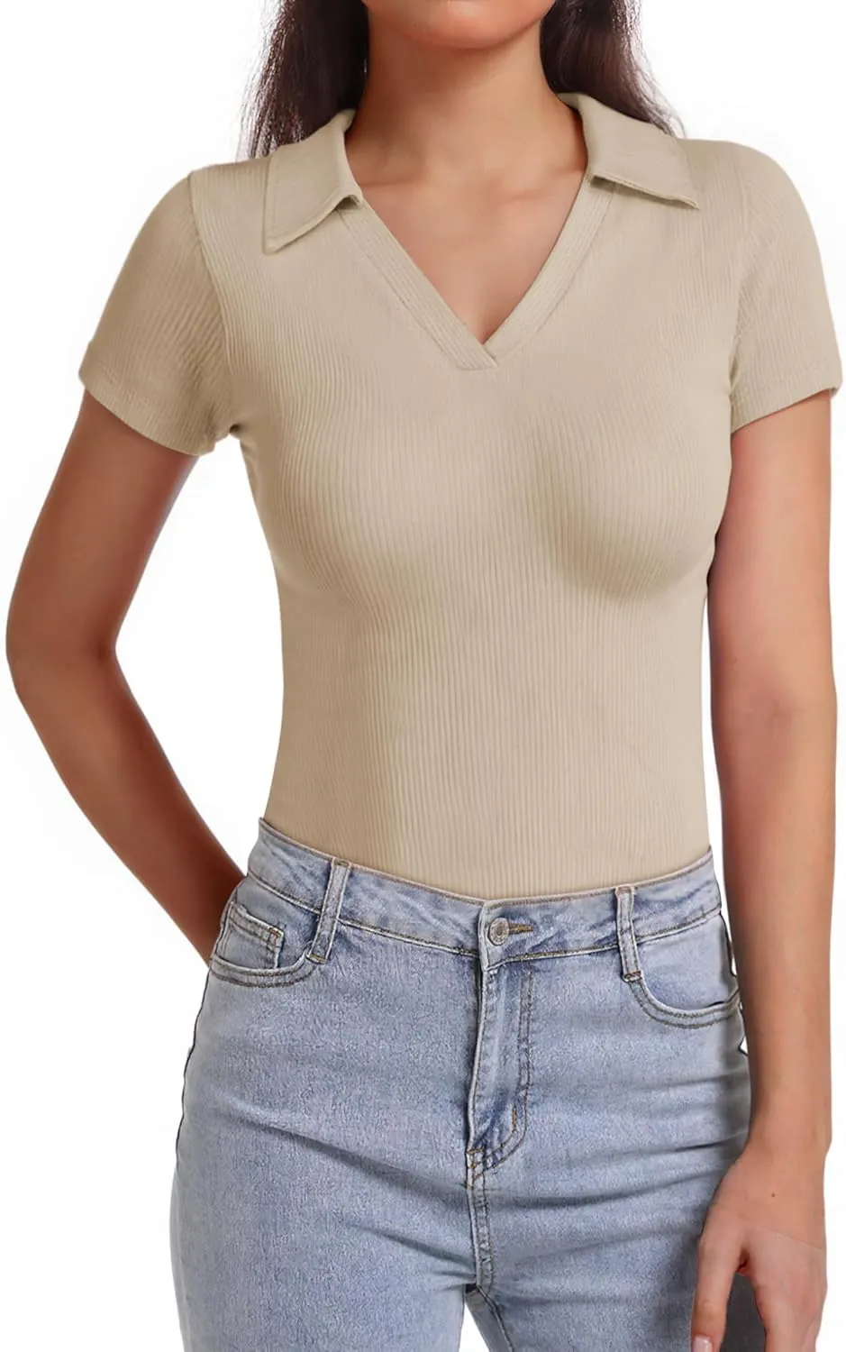 Polo Shirts for Women, Short Sleeve Business Casual Tops, V Neck Polo Collared Work Shirts, Ribbed Fitted Shirts