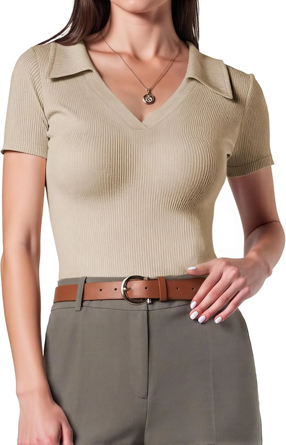 Polo Shirts for Women, Short Sleeve Business Casual Tops, V Neck Polo Collared Work Shirts, Ribbed Fitted Shirts