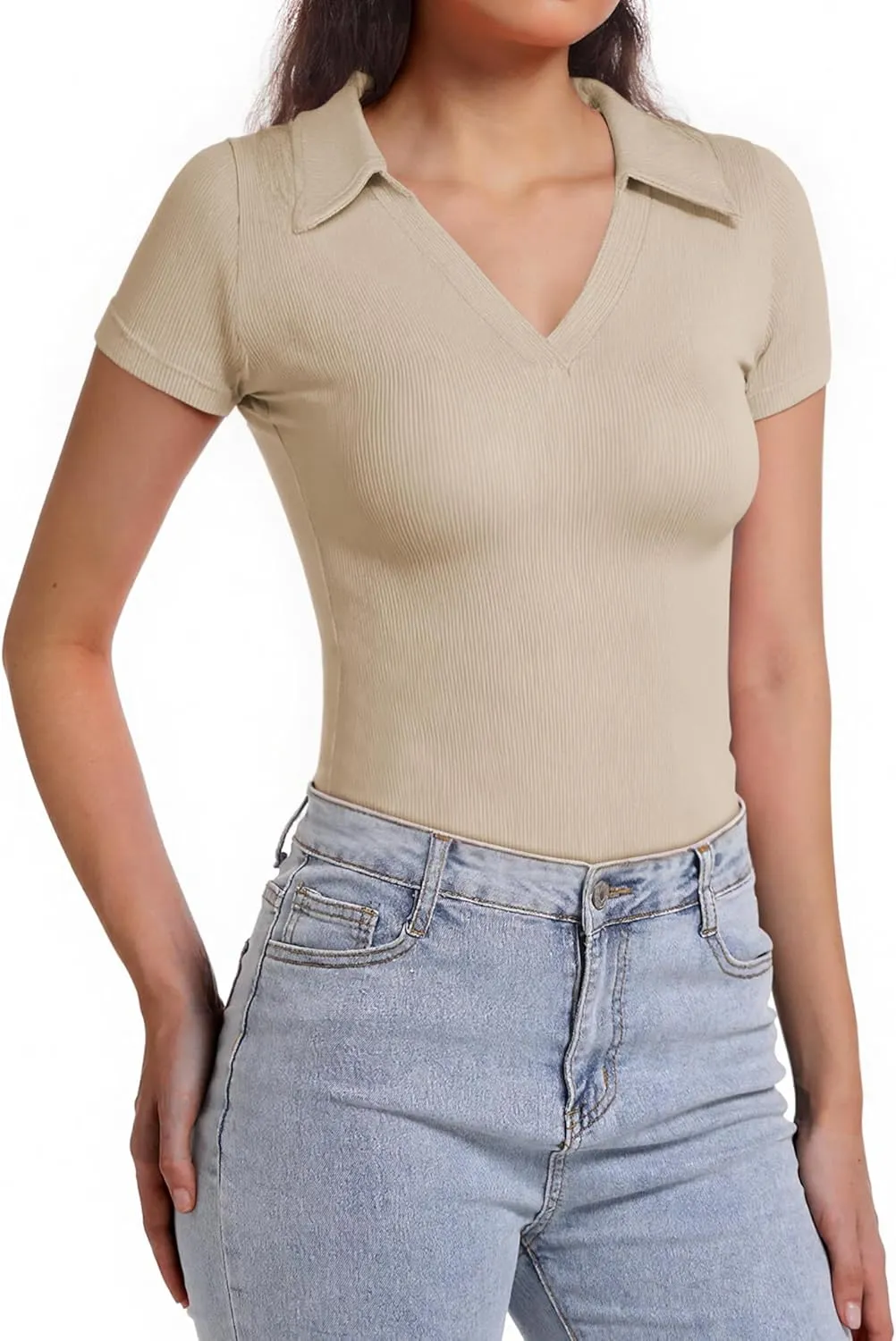 Polo Shirts for Women, Short Sleeve Business Casual Tops, V Neck Polo Collared Work Shirts, Ribbed Fitted Shirts