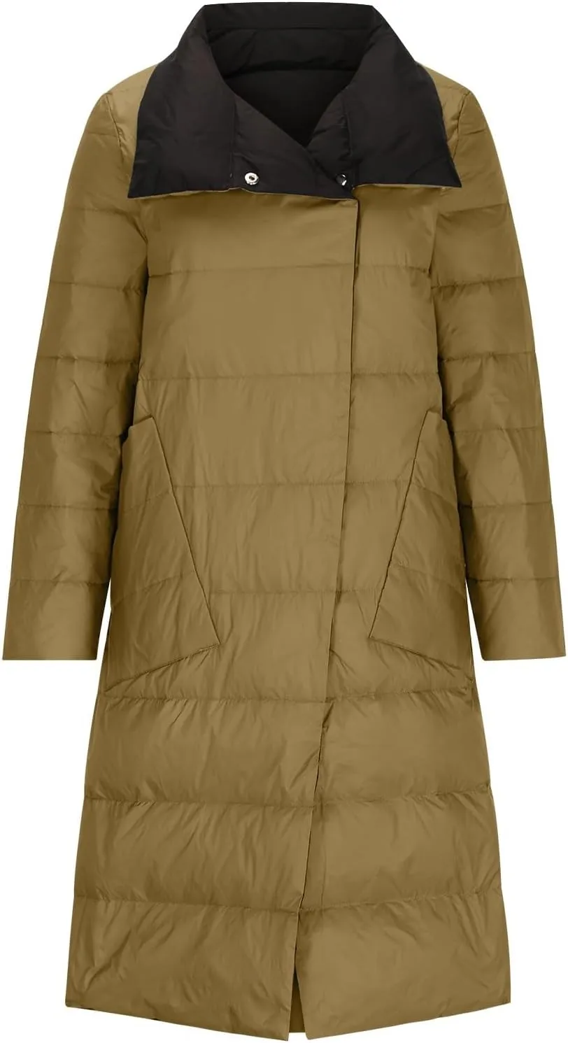 Puffer Jacket Womens Long Lightweight Winter Warm down Coat Button down Casual Fashion Comfy Windproof Quilted Jacket