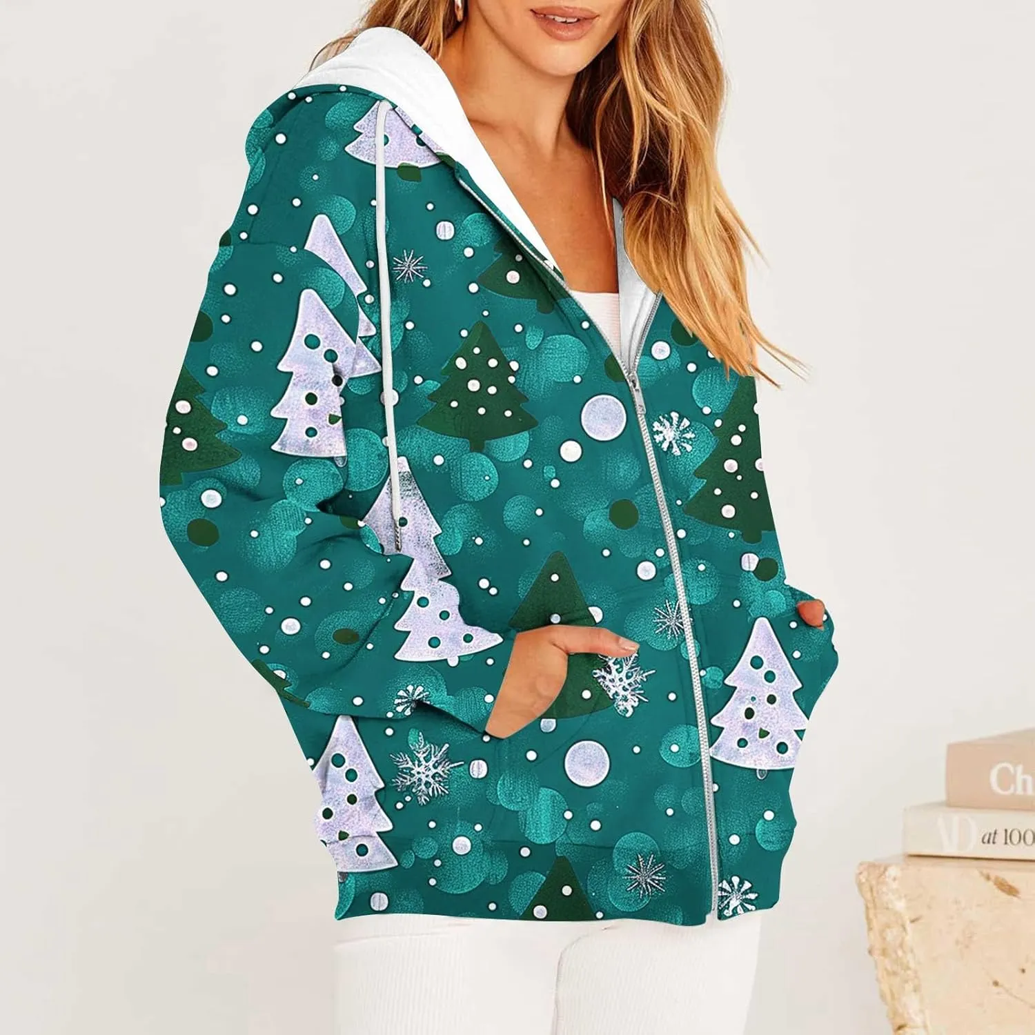 Quilted Jackets for Women Casual Christmas Print Winter Coats Full Zip Hoodies Long Sleeve Sweatshirt with Pockets