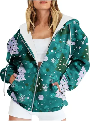 Quilted Jackets for Women Casual Christmas Print Winter Coats Full Zip Hoodies Long Sleeve Sweatshirt with Pockets